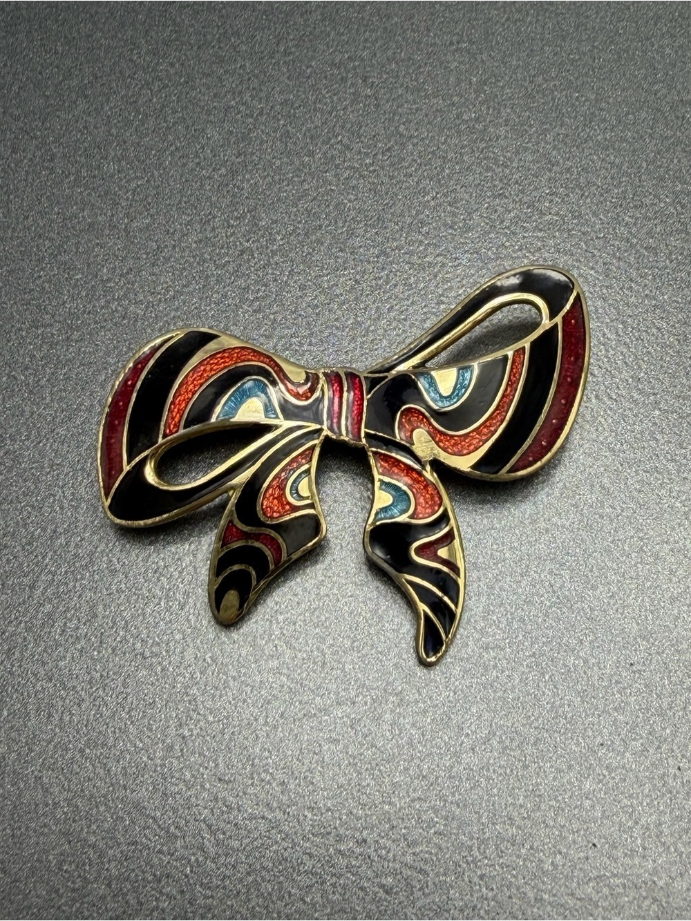 Vintage Cloisonné  Bow Brooch in Black, Red, Blue #cl05 - Picture 2 of 3